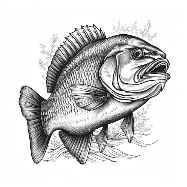 a black and white drawing of a fish with a large mouth generative ai