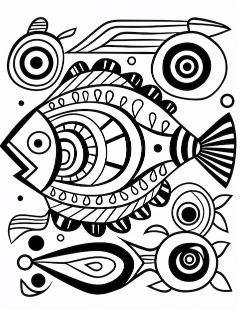 a black and white drawing of a fish with a lot of eyes generative ai