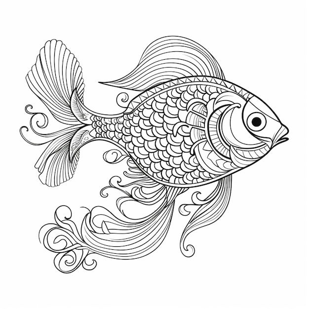 Photo a black and white drawing of a fish with swirls generative ai