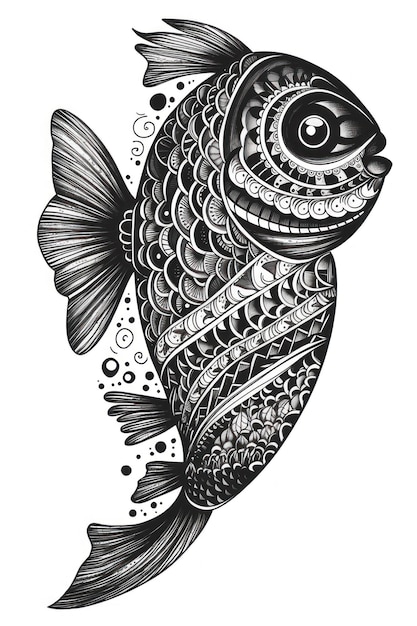 「fish」という文字が描かれた白黒の魚の絵。