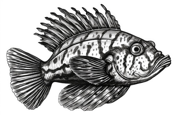 A black and white drawing of a fish