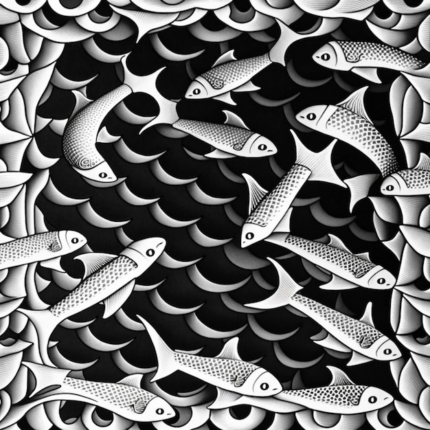 Photo a black and white drawing of a flock of fish generative ai