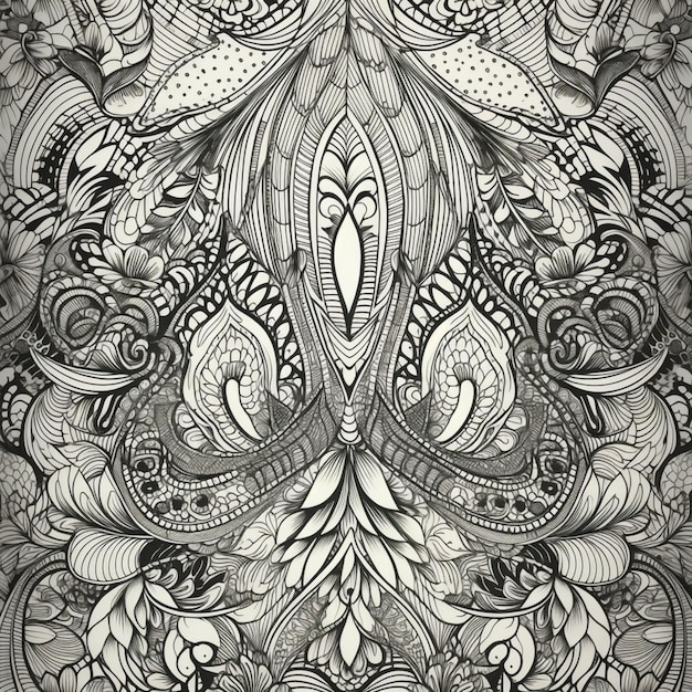 A black and white drawing of a floral design with a large leaf and the word art on it.