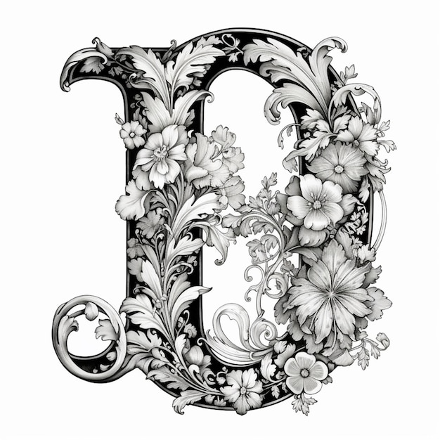 Photo a black and white drawing of a floral letter d generative ai