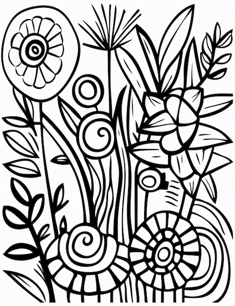 a black and white drawing of a flower arrangement with flowers generative ai