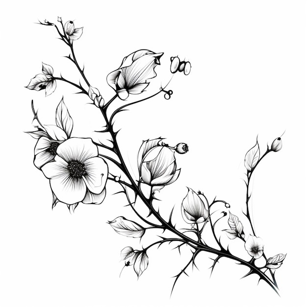 Photo a black and white drawing of a flower branch with leaves generative ai