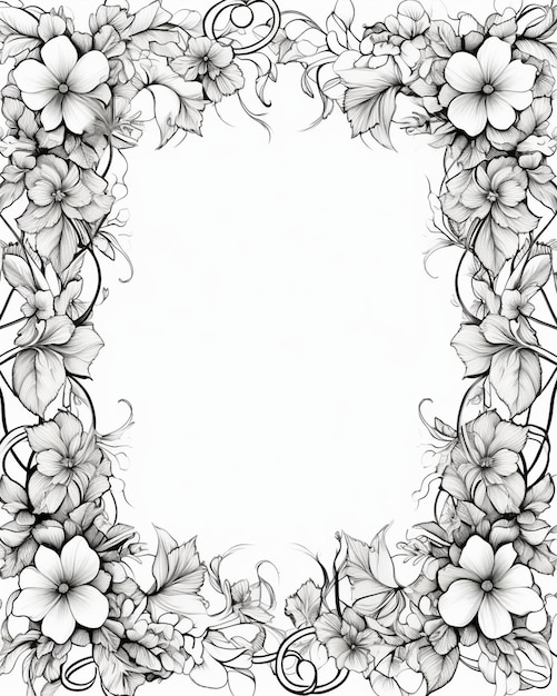 Photo a black and white drawing of a flower frame