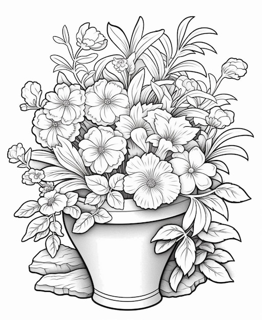 A black and white drawing of a flower pot with flowers generative ai