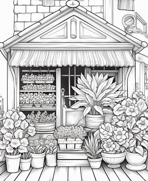 Photo a black and white drawing of a flower shop with potted plants generative ai