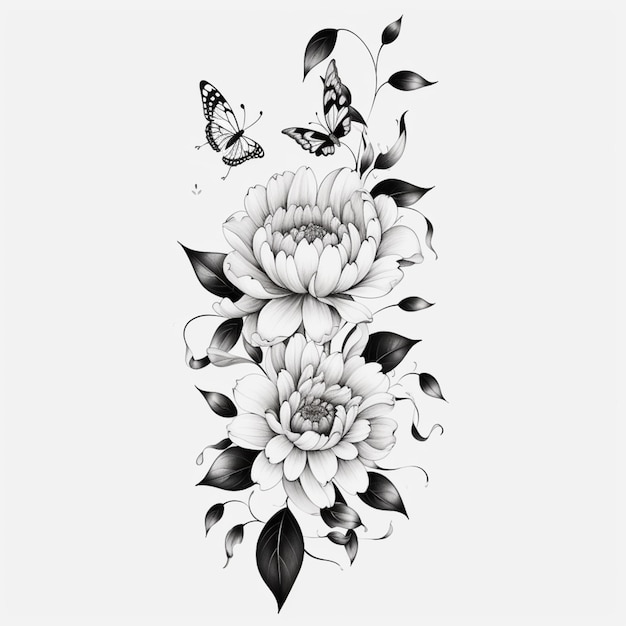 A black and white drawing of a flower with a butterfly generative ai