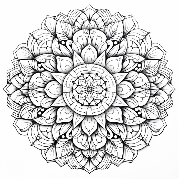 a black and white drawing of a flower with a circular design generative ai