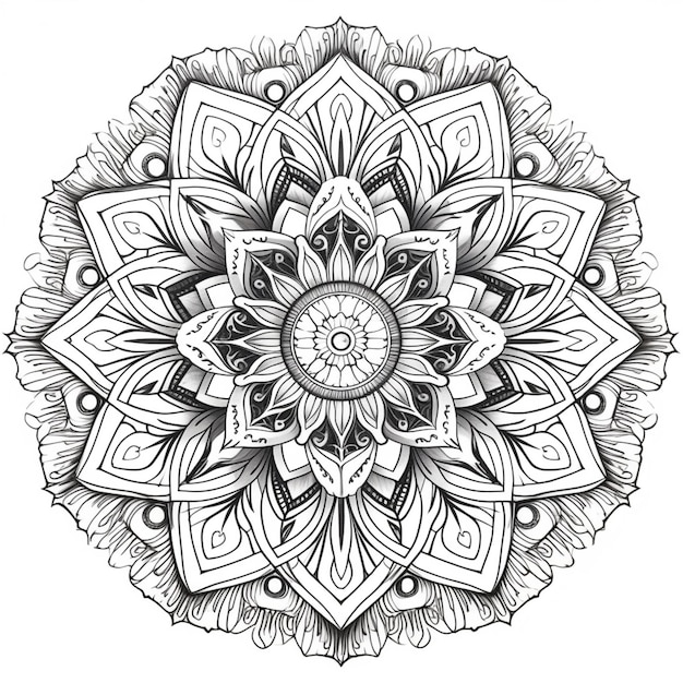 A black and white drawing of a flower with a circular design generative ai