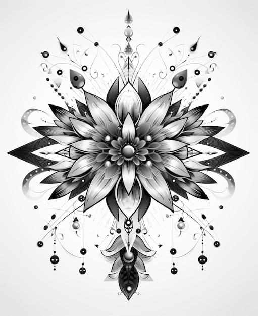a black and white drawing of a flower with a cross on it generative ai