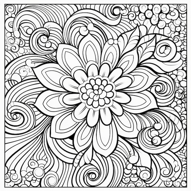 a black and white drawing of a flower with a flower design.