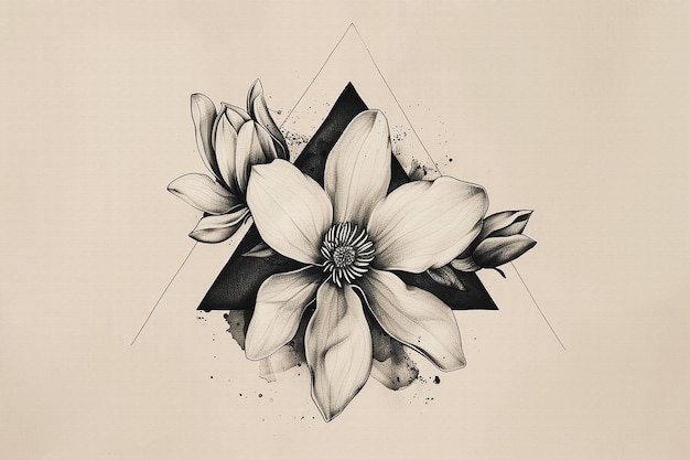 Photo a black and white drawing of a flower with a flower in the middle