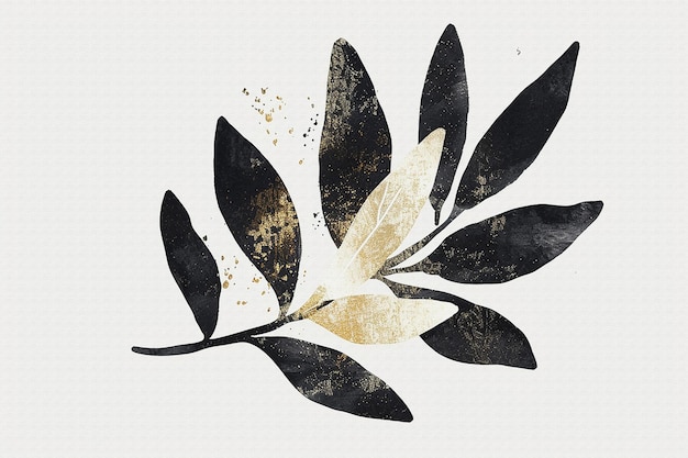 a black and white drawing of a flower with a gold leaf
