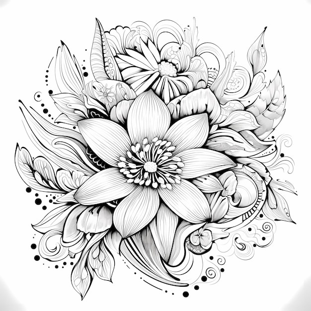 a black and white drawing of a flower with leaves and flowers