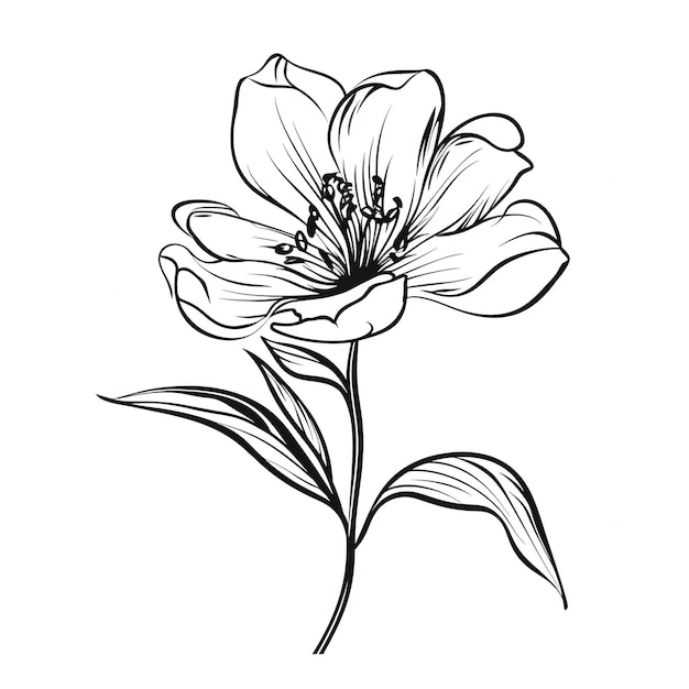 A black and white drawing of a flower with leaves and flowers.