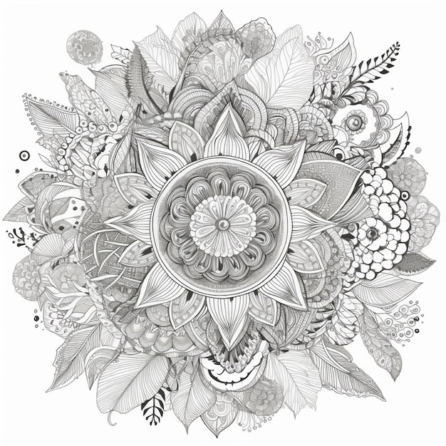 a black and white drawing of a flower with leaves generative ai