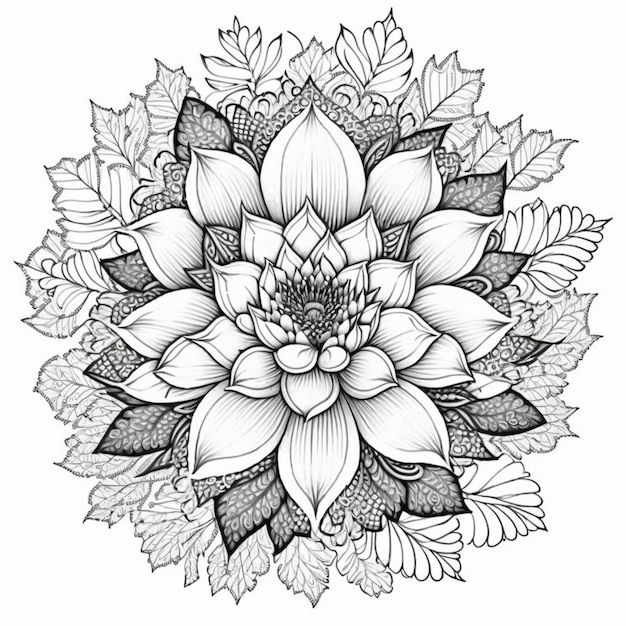 a black and white drawing of a flower with leaves generative ai