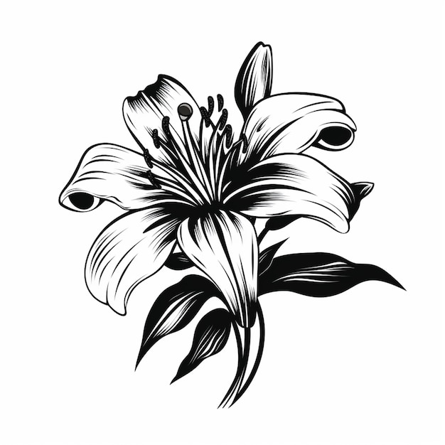 a black and white drawing of a flower with leaves generative ai