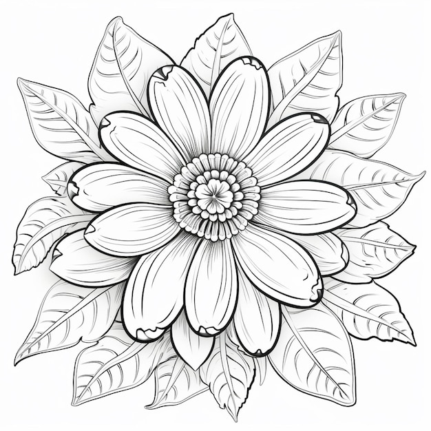 Черно-белый рисунок цветка с листьями, генеративный ai