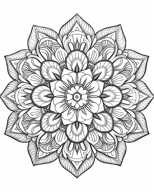 Foto un disegno in bianco e nero di un fiore con foglie generative ai
