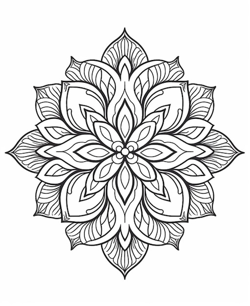 Черно-белый рисунок цветка с листьями, генеративный ai