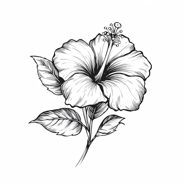 Черно-белый рисунок цветка с листьями, генеративный ай