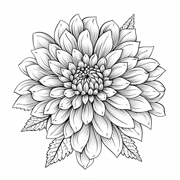 Foto un disegno in bianco e nero di un fiore con foglie generative ai