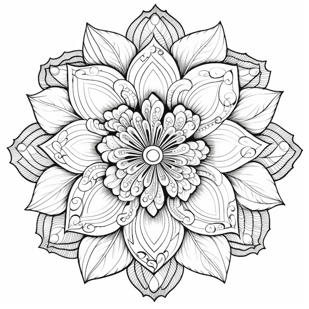 A black and white drawing of a flower with leaves generative ai