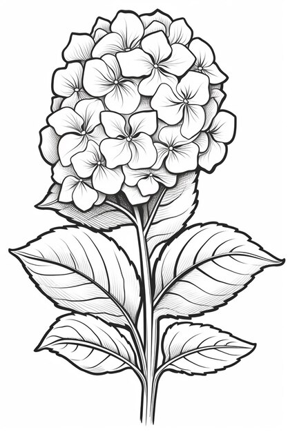 A black and white drawing of a flower with leaves.