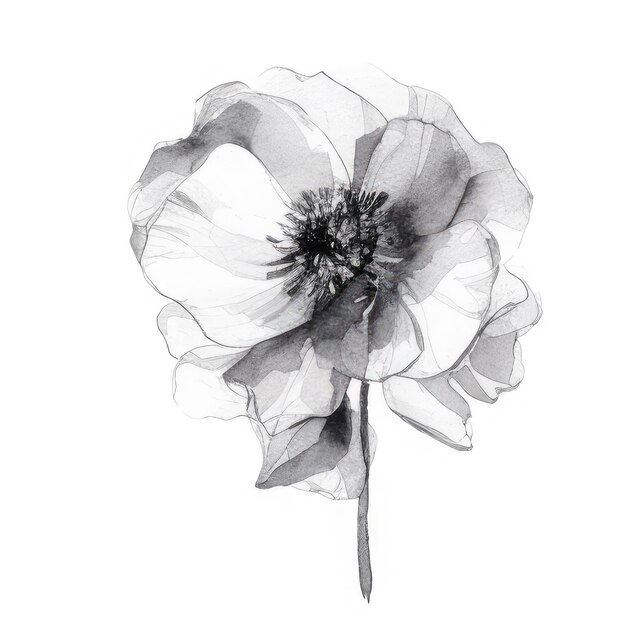 A black and white drawing of a flower with a white flower.