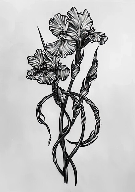 A black and white drawing of a flower