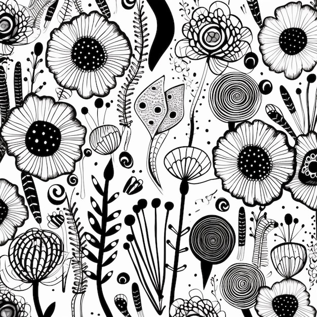 a black and white drawing of flowers and birds on a white background generative ai