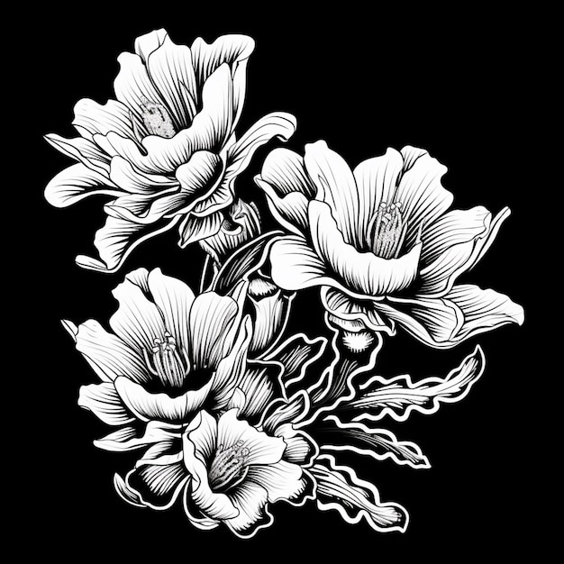 Photo a black and white drawing of flowers on a black background generative ai