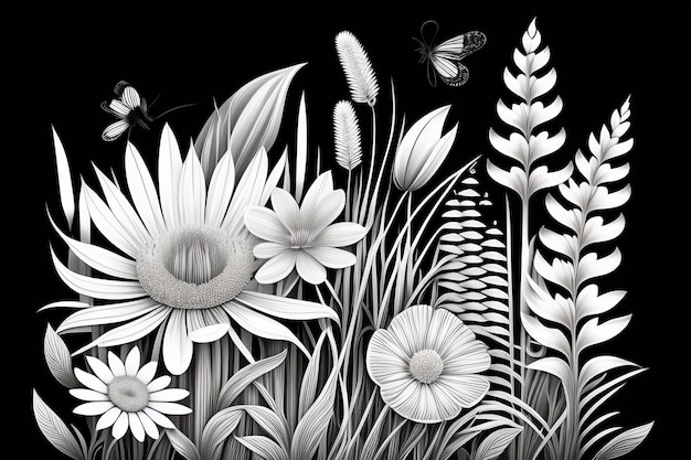 A black and white drawing of flowers and a butterfly.