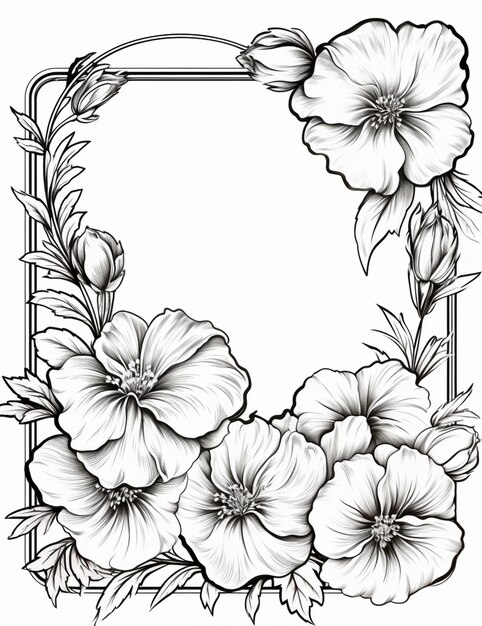 a black and white drawing of flowers in a frame generative ai