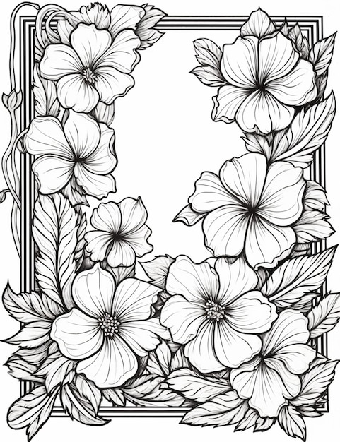 Foto un disegno in bianco e nero di fiori in una cornice ai generativa