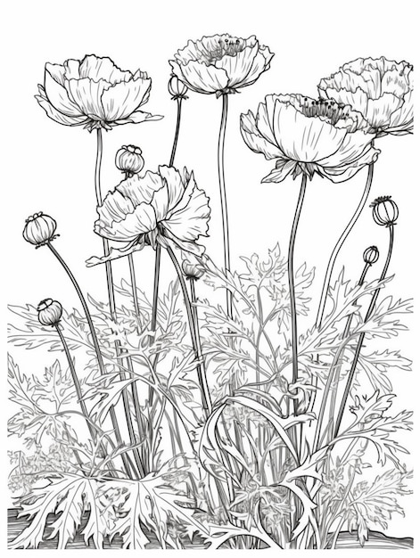 Черно-белый рисунок цветов в саду, генеративный AI