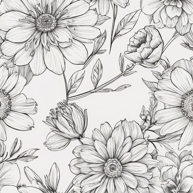 Black and White Drawing of Flowers Generative AI