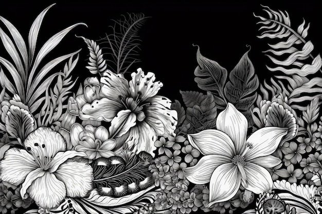 A black and white drawing of flowers and leaves generative AI