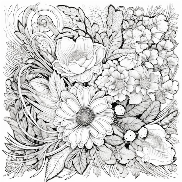 A black and white drawing of flowers and leaves generative ai