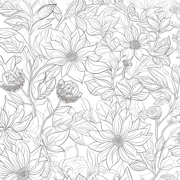 Photo a black and white drawing of flowers and leaves generative ai