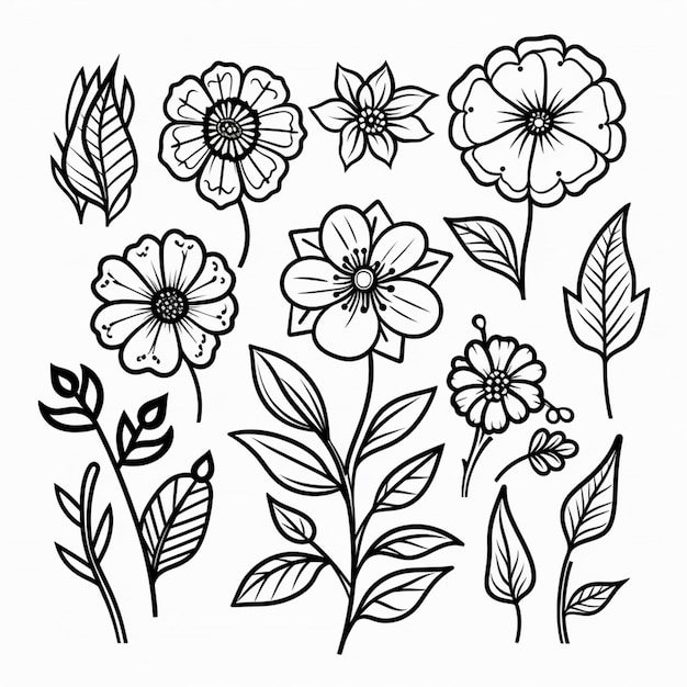 черно-белый рисунок цветов и листьев