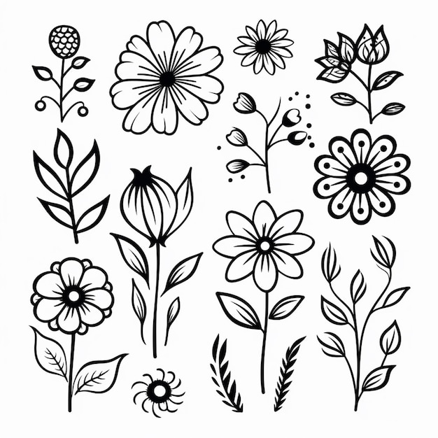 a black and white drawing of flowers and leaves generative ai