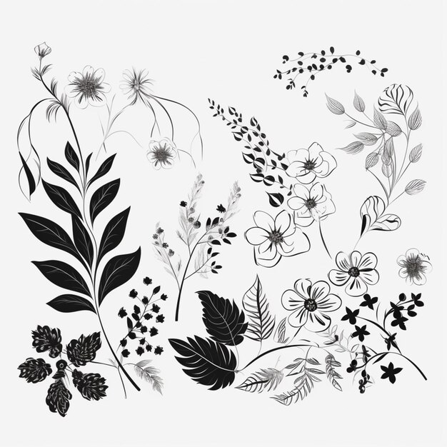 a black and white drawing of flowers and leaves on a white background generative ai