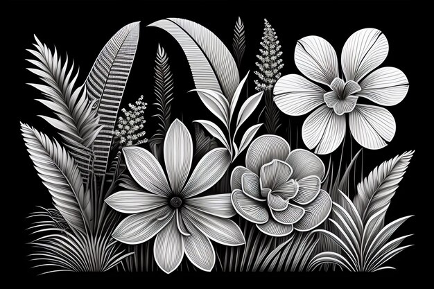 A black and white drawing of flowers and leaves.