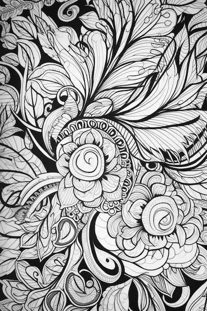 A black and white drawing of flowers and leaves.