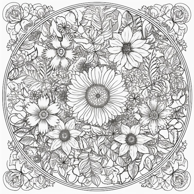 Foto un disegno in bianco e nero di fiori e foglie.